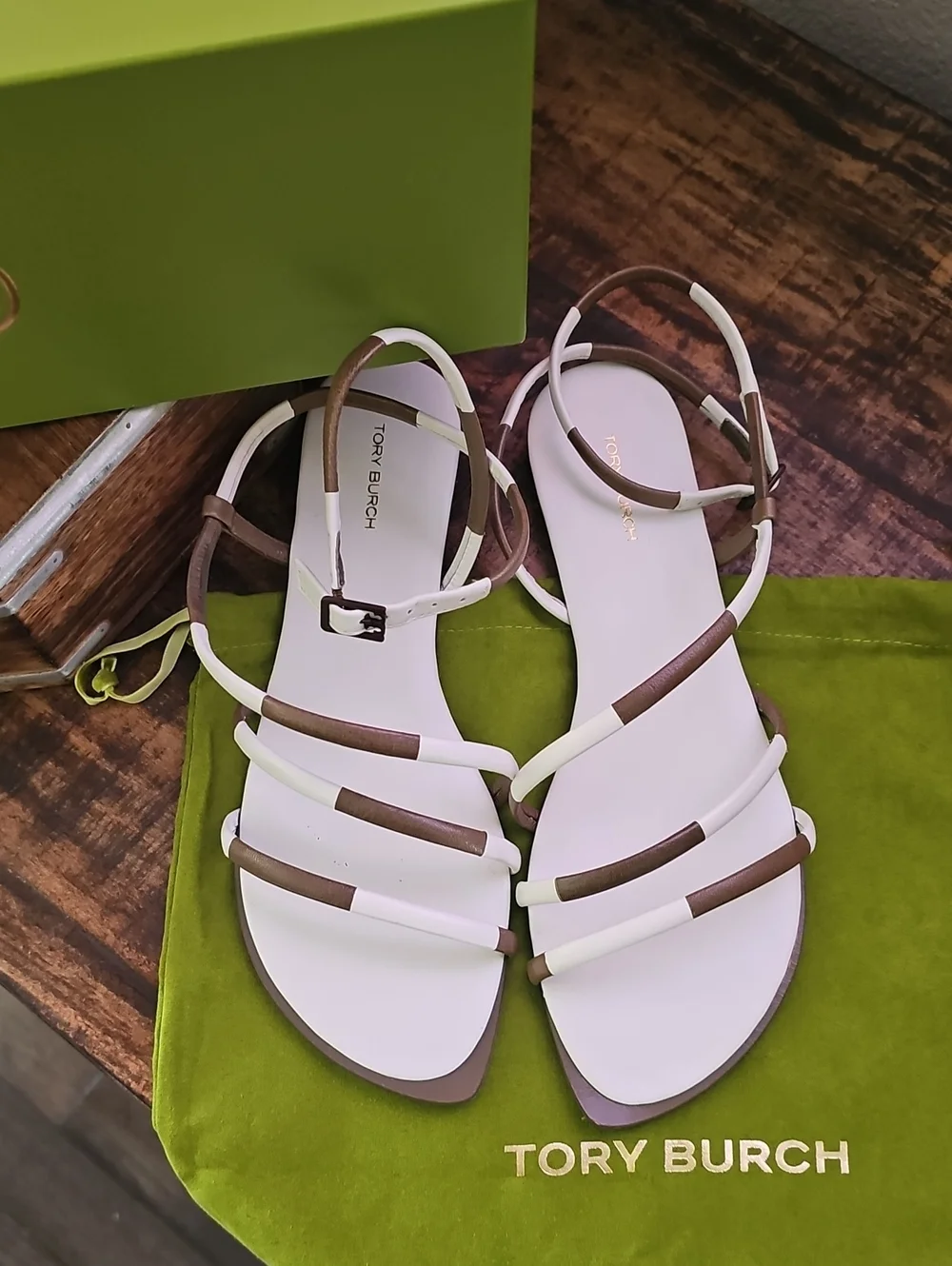 NWT Tory Burch Women's Mignon Brown & White Strappy Sandals - Size 8.5